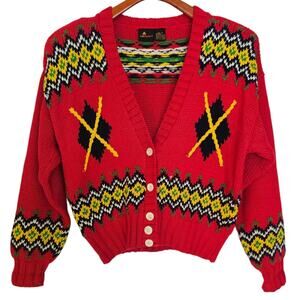Liz Sport Vintage Red, Blue, White, & Yellow Cropped  Cardigan Button Up Sweater